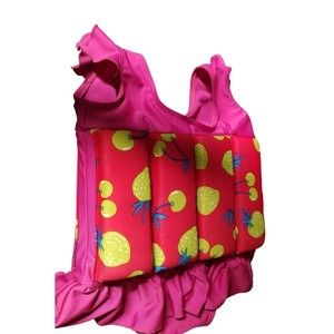 Little Girls Pink  Green Flotation Swim Suit  Size M  Strawberry Cherry Ruffles